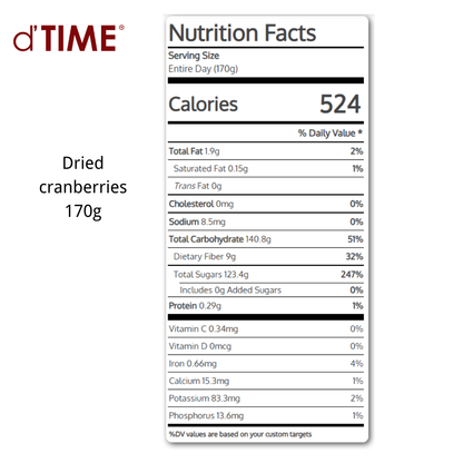 d'TIME Dried Cranberries USA , Dried Cranberry Ruby, low Sugar, Vegan, Buah Cranberi Kering USA 170g, Kranberi Halal, 美国蔓越莓干 170g, 蔓越莓 Ready Stock