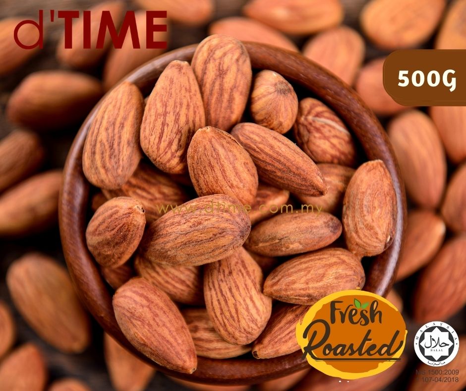 d'TIME USA ROASTED Almond, Size L, Grade 1, Badam USA (BAKAR), 烤美国杏仁, dTIME Roasted Almond Ready to Eat (500g)