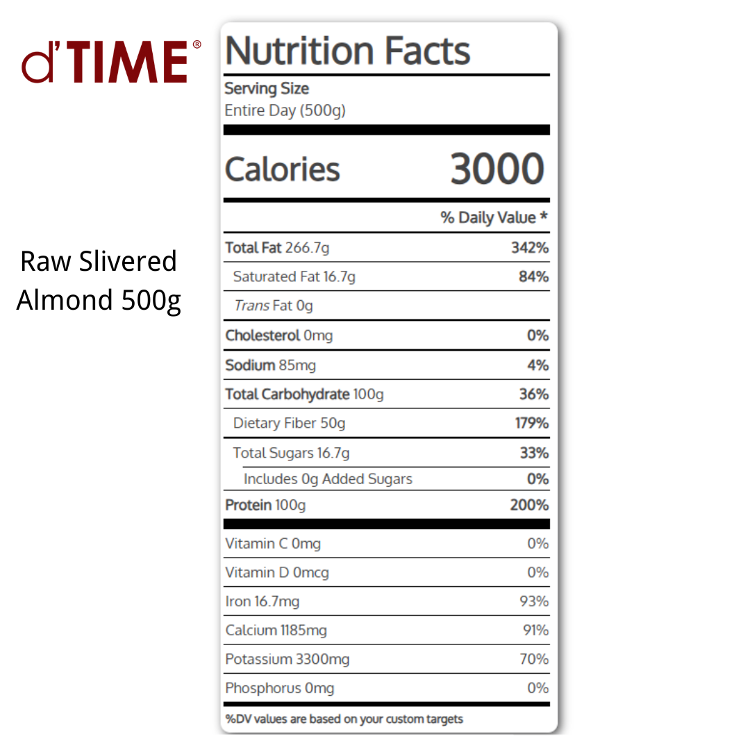 d'TIME USA Raw Slivered Almonds, Badam Hiris USA (MENTAH), 美国杏仁条(生) || 500g