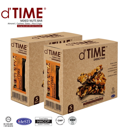 2 BOX of dTIME Energy Bar, Chocolate Boxes, Natural Bar, Healthy Snack Bar with Dark Chocolate & Premium Nuts || TWIN-PACK (10 BARS X 30G)